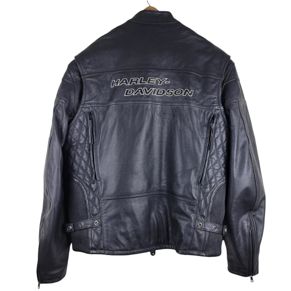 Harley-Davidson men's black leather motorcycle riding jacket with liner